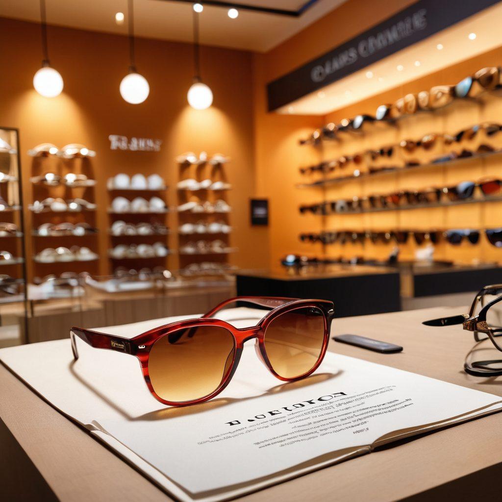 A glamorous eyewear display featuring luxurious sunglasses and eyeglasses set against a backdrop of a fashionable boutique. Include a stylish person trying on the eyewear while reviewing an insurance policy brochure. Soft warm lighting to create a cozy atmosphere, emphasizing the elegance of the eyewear. Elegant typography overlay with the words 'Protect Your Vision'. super-realistic. vibrant colors. chic interior design.