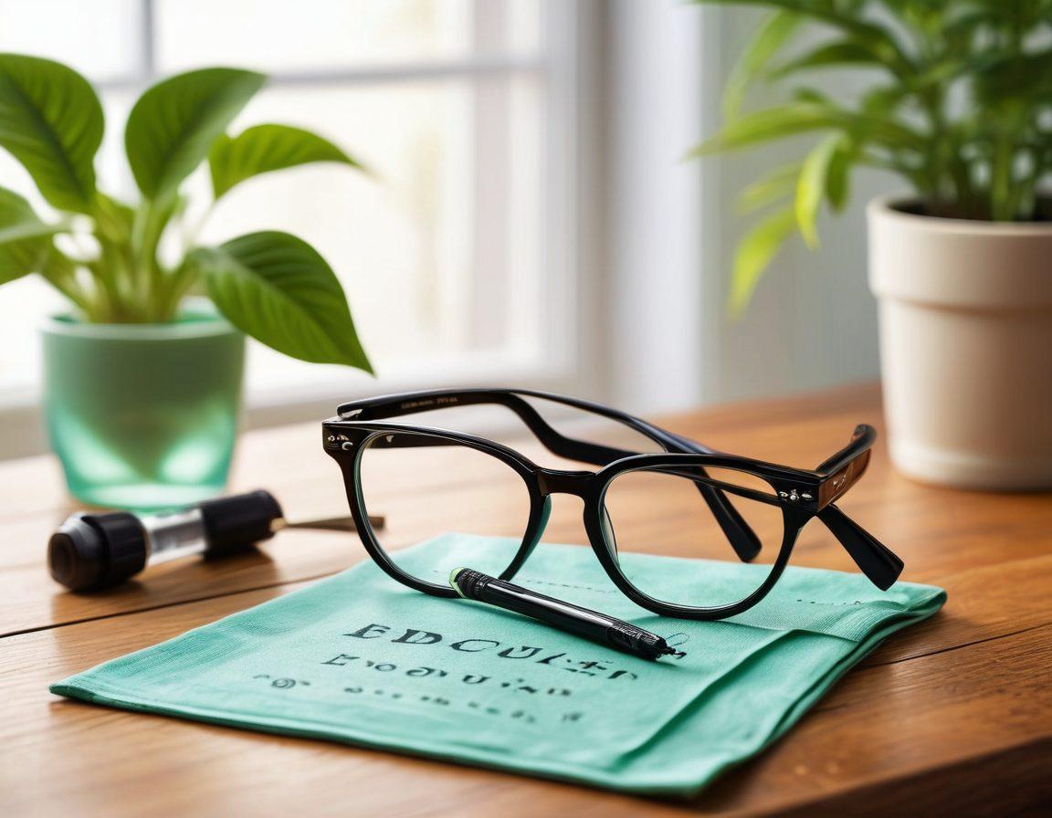 A stylish pair of premium eyeglasses perched on an elegant wooden desk, surrounded by eye care tools such as a vision chart and lens cleaning cloth. In the background, a serene green plant symbolizes wellness, with soft natural lighting illuminating the scene. A subtle hint of insurance documentation peeks into the frame, suggesting comprehensive solutions for eye health. super-realistic. vibrant colors. soft focus.